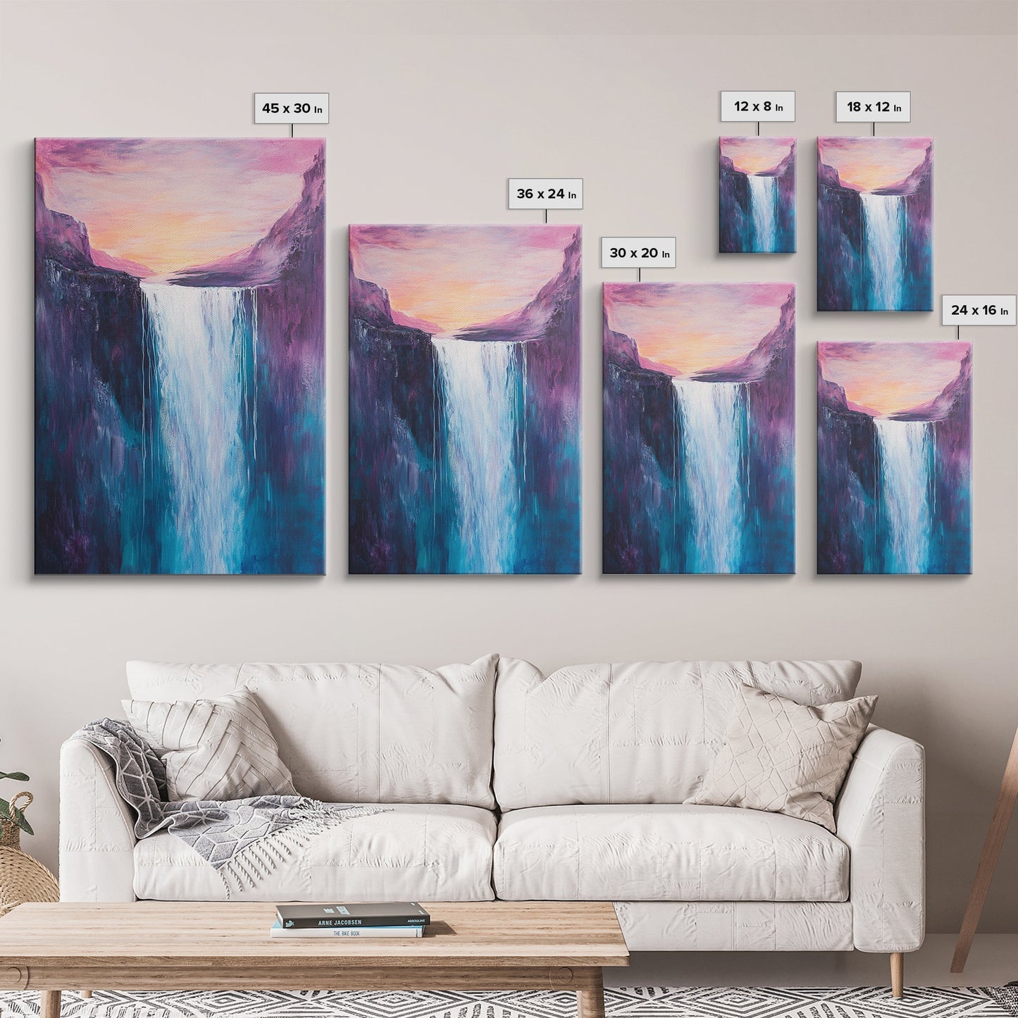 Waterfall Sunset, Moody Art, Mountain Painting, Landscape Painting, Pink Orange Wall Art, Above Couch Art, Canvas Print