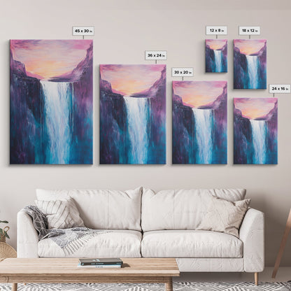 Waterfall Sunset, Moody Art, Mountain Painting, Landscape Painting, Pink Orange Wall Art, Above Couch Art, Canvas Print