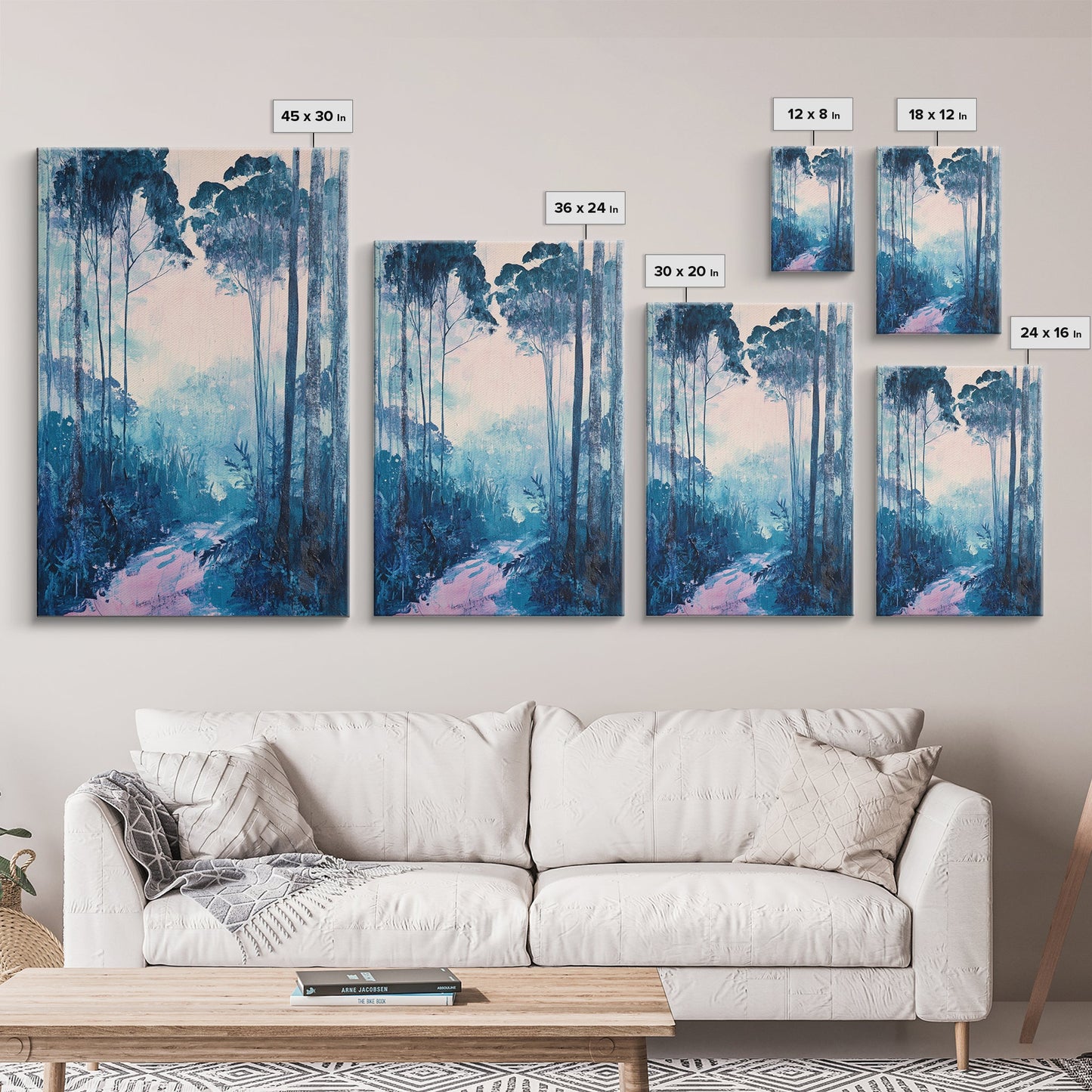 Misty Forest, moody art, birch tree art, pine tree art, landscape painting, gift idea for her, Framed Canvas Print, bedroom art