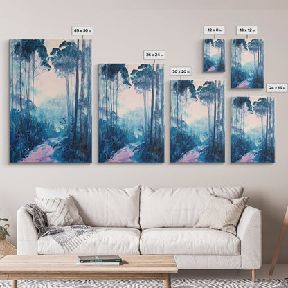 Misty Forest, moody art, birch tree art, pine tree art, landscape painting, gift idea for her, Framed Canvas Print, bedroom art