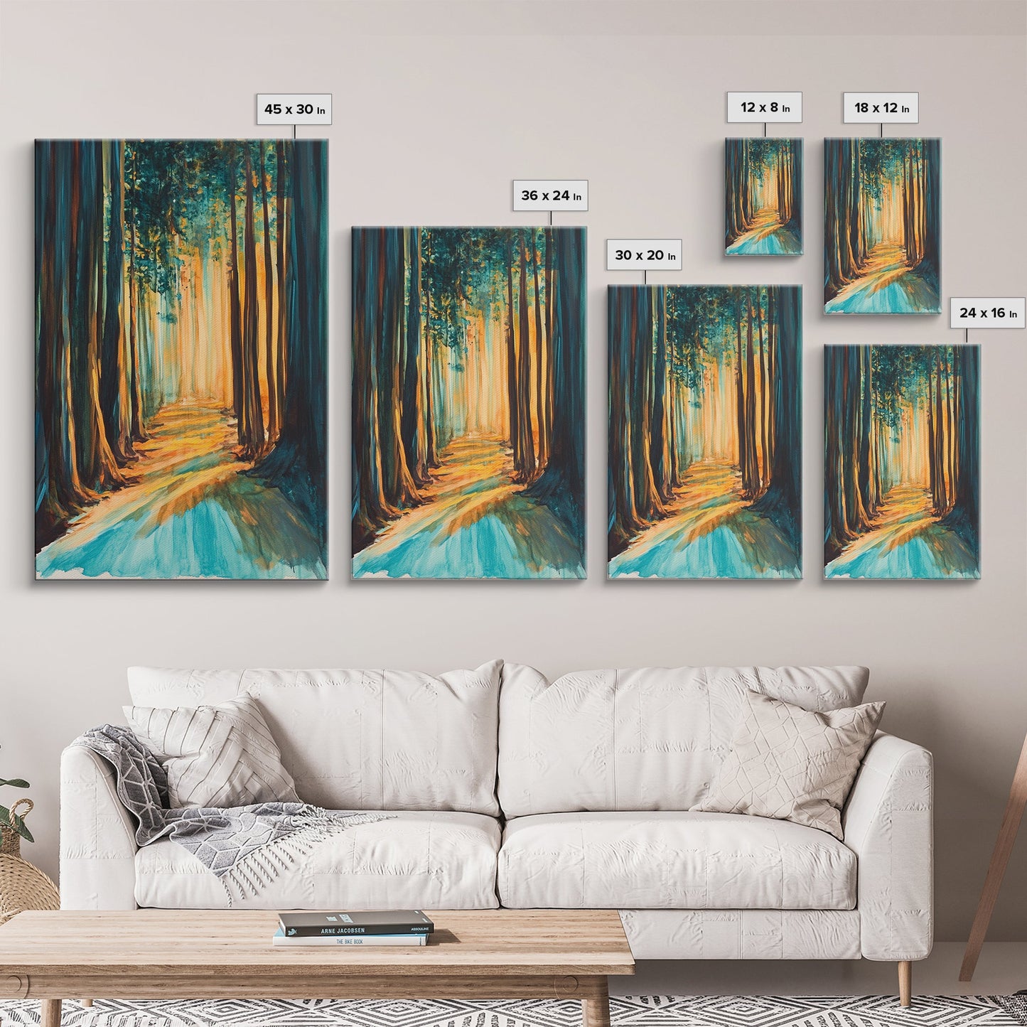 Golden Forest, moody art, pine tree art, wabi sabi wall art, landscape painting, rustic decor, Framed Canvas Print, autumn decor