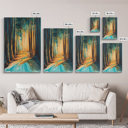 Golden Forest, moody art, pine tree art, wabi sabi wall art, landscape painting, rustic decor, Framed Canvas Print, autumn decor