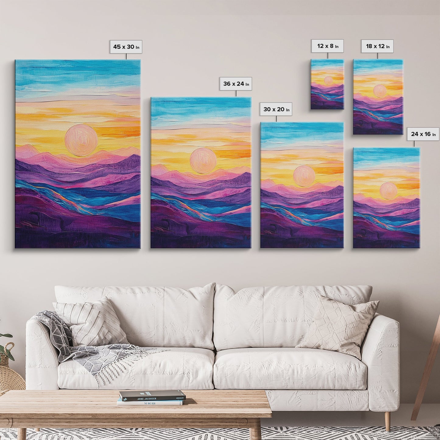 Sunset Horizon, Mountain Painting, Pink Orange Wall Art, Abstract Landscape Art, Canvas Print, Above Sofa Art, Bedroom Art