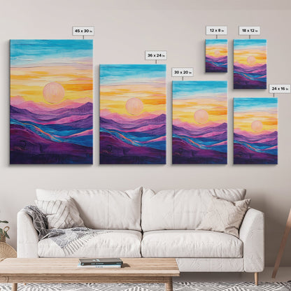 Sunset Horizon, Mountain Painting, Pink Orange Wall Art, Abstract Landscape Art, Canvas Print, Above Sofa Art, Bedroom Art