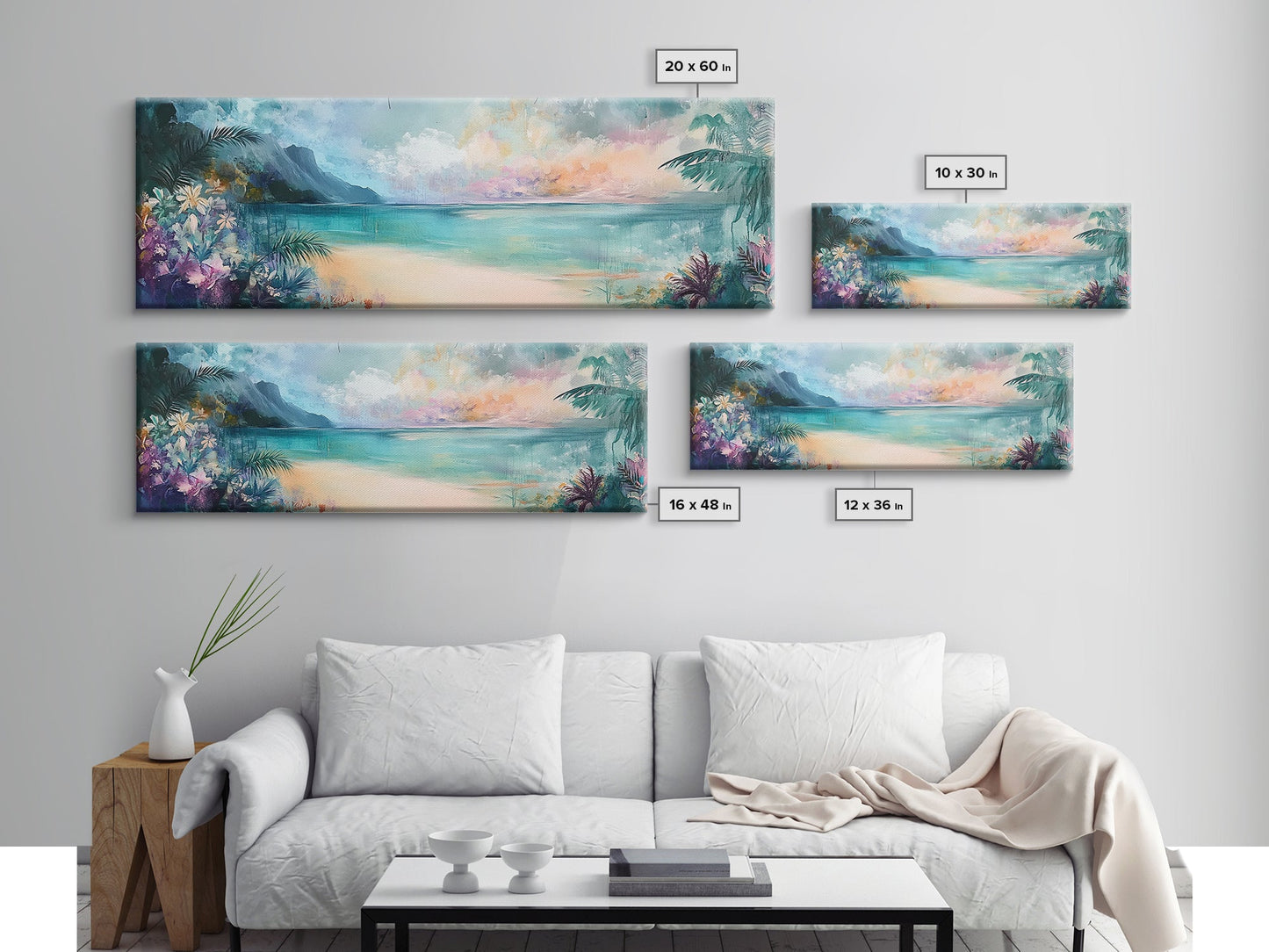 Tropical Beach Paradise Framed Canvas Print, Vibrant Ocean Wall Art, Hawaii Sunset Painting, Coastal Living Room Decor, Relaxing Art