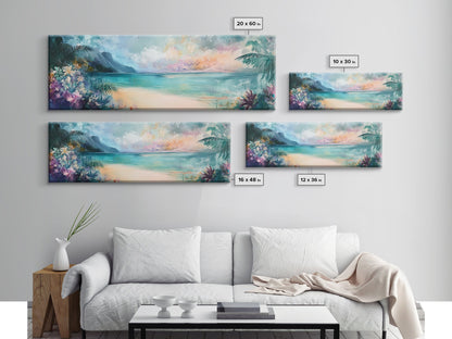 Tropical Beach Paradise Framed Canvas Print, Vibrant Ocean Wall Art, Hawaii Sunset Painting, Coastal Living Room Decor, Relaxing Art