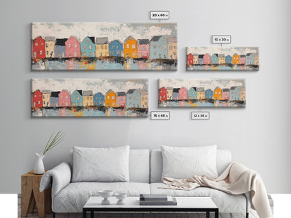 Coastal Village Houses Framed Canvas Print Colorful Seaside Town Painting Rustic Home Wall Art Nautical Decor Large Wall Art