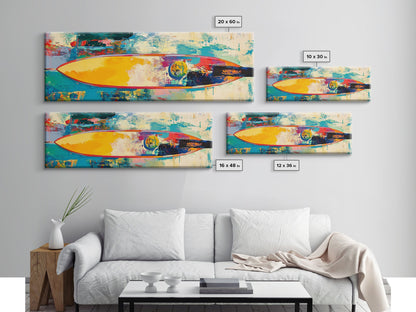 Abstract Surfboard Framed Canvas Print Coastal Beach House Wall Art, Vibrant Surfing Decor, Colorful Ocean Painting, Modern Boho Art