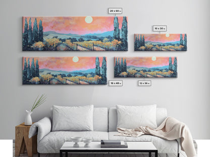 Tuscany Vineyard Painting Sunset Landscape Wall Art Rustic Countryside Decor Warm Autumn Aesthetic Dining Room