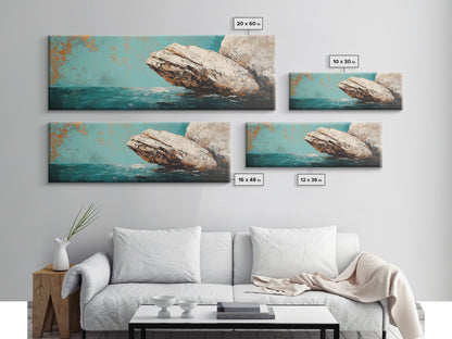 Coastal Rock Formation Framed Canvas Print, Ocean Cliff Painting, Nautical Wall Art, Beach House Decor, Textured Landscape Artwork