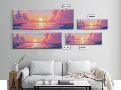 Pink Sunset, Romantic Ocean Painting, Vibrant Seascape Wall Art, Coastal Home Decor, Canvas Print, Dreamy Sky, Bedroom Artwork