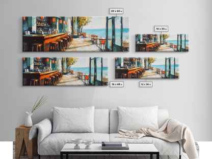 Coastal Beach Bar Framed Canvas Print Modern Seaside Cafe Painting, Coastal Kitchen Wall Art, Tropical Decor, Ocean View Artwork