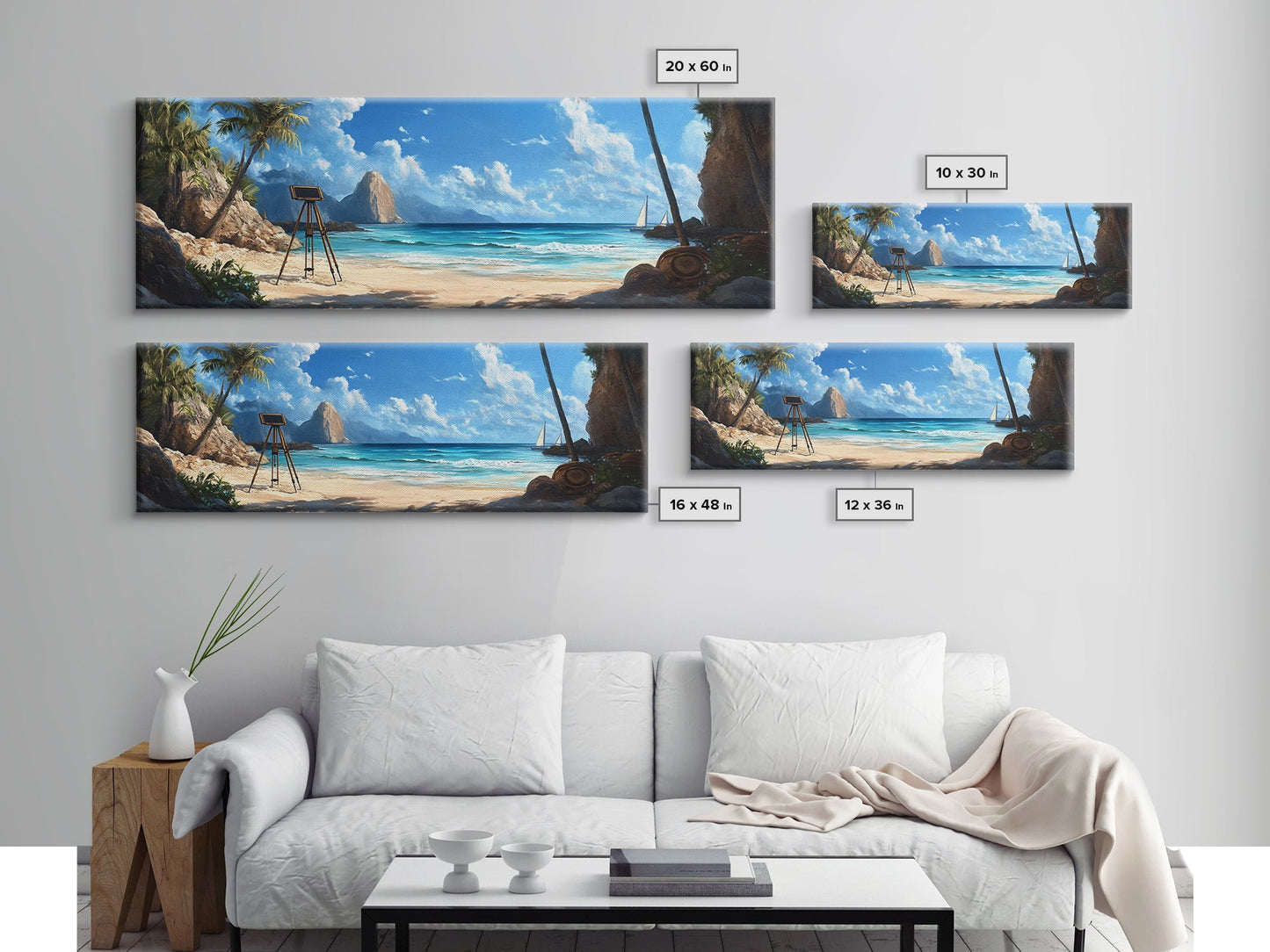 Tropical Beach Framed Canvas Print, Seaside Paradise Wall Art, Coastal Landscape Painting, Ocean View Decor, Office Art