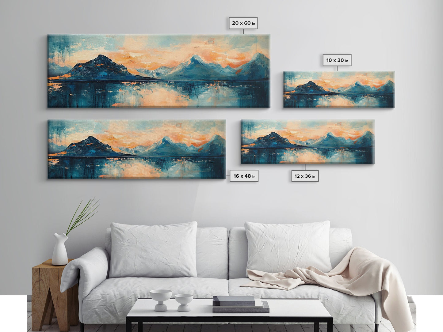 Mountain Reflections at Sunset Wall Art, Abstract Landscape Painting, Blue and Orange Artwork, Statement Piece, Office