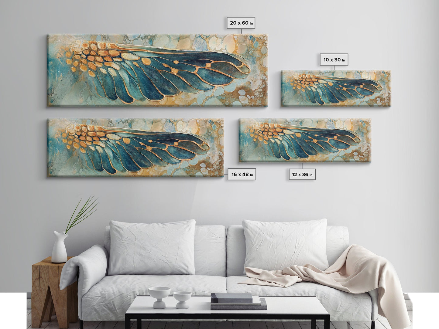Elegant Butterfly Wing Abstract Art, Blue and Gold Nature Painting, Modern Minimalist Artwork, Bedroom or Office Wall Decor