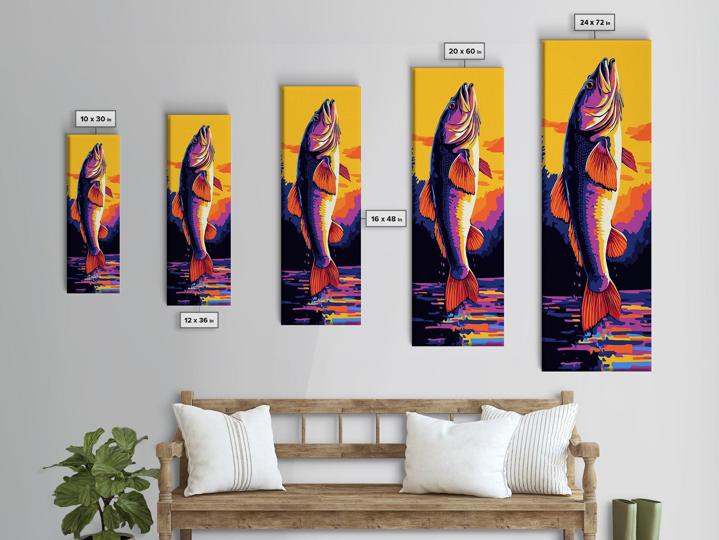 Jumping Fish, Bass Fishing Art, Vibrant Lake Scene, Bold Outdoor Wall Decor, Cabin Aesthetic, Nature Lover Gift, Framed Canvas Print
