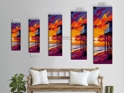 Lifeguard Tower, Ocean Sunset, Beach House Art, Framed Canvas Print, Coastal Wall Decor, Vibrant Seascape Painting, Nautical Decor