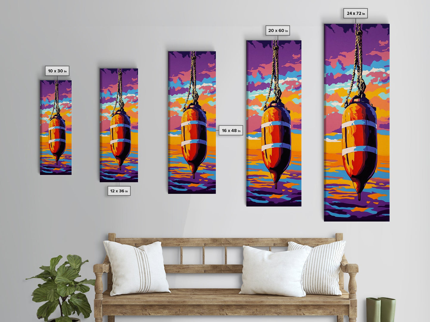 Buoy, Rope, Ocean, Sunset, Framed Canvas Print, Nautical Decor, Coastal Wall Art, Beach House Art, Fishing Decor, Living Room Wall Art