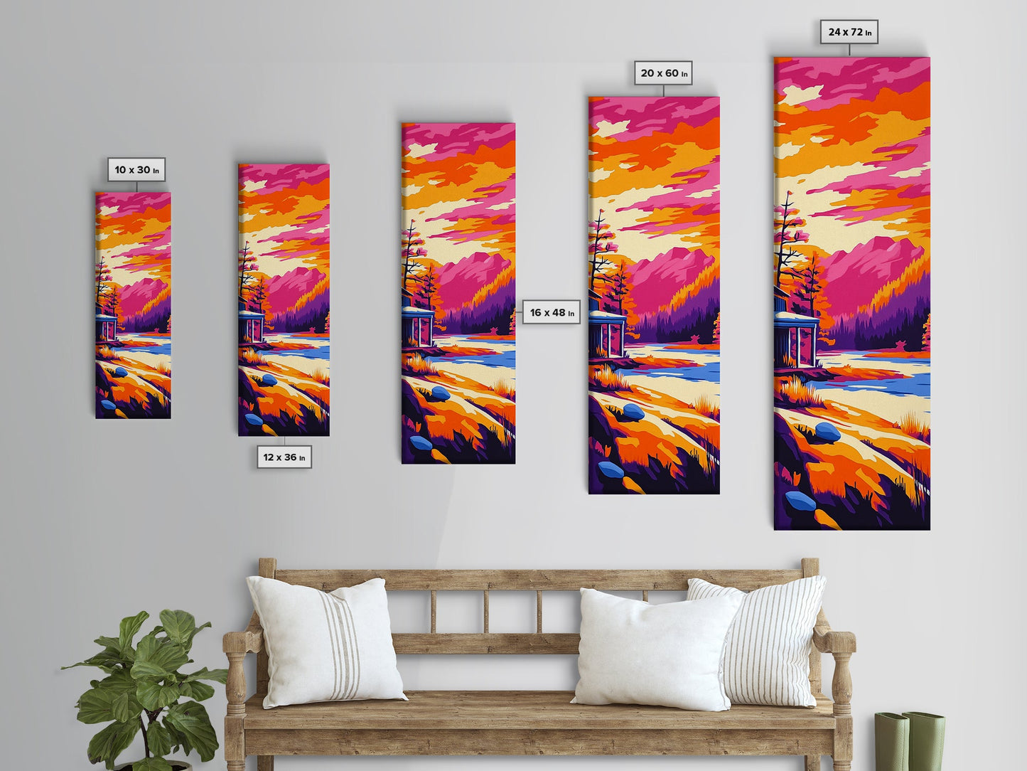 Sonnenuntergangsszene mit Hütte, gerahmter Leinwanddruck, lebendige Berglandschaft, Seelandschaft, gemütliche Hüttendekoration, Naturnahe Wohndekoration, rustikale Wandkunst