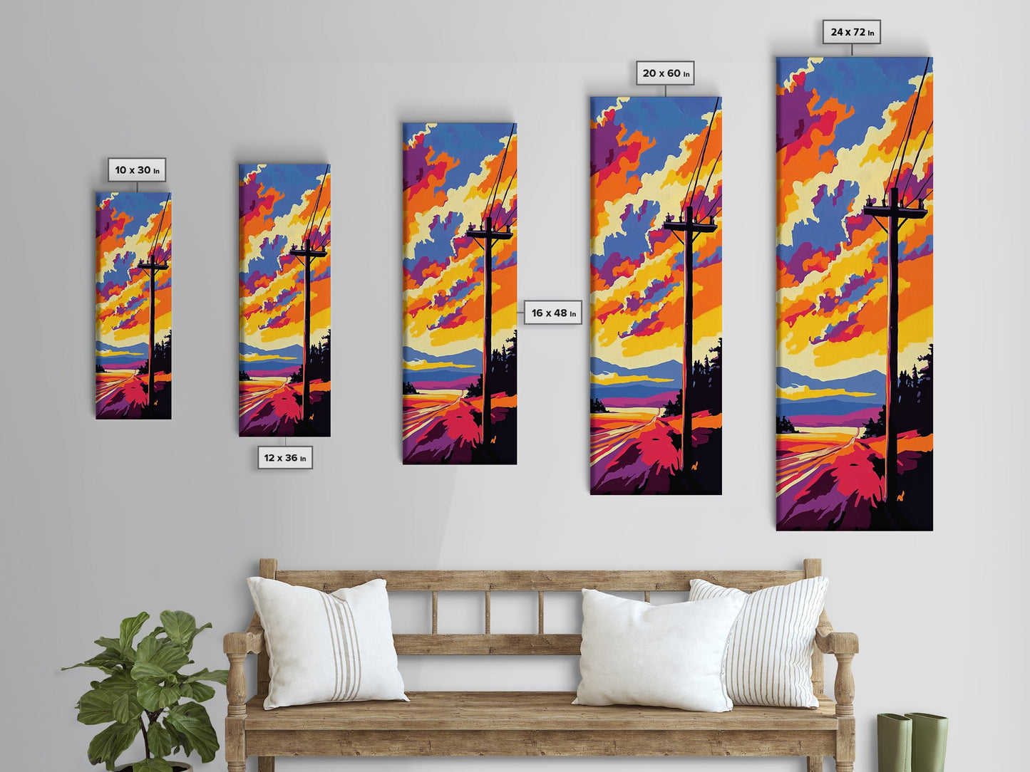 Power Lines, Sunset Sky Art, Road Trip Aesthetic, Vibrant Landscape Print, Colorful Nature Scene, Wanderlust Decor, Framed Canvas Print