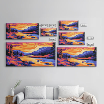 „Bergfluss im Glanz“, Leinwanddruck, Ruhige Landschaftskunst, Lebendige Naturszene, Rustikale Wanddekoration, Wohnzimmerkunst, Hüttenästhetik