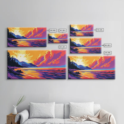 Lakeside Sunset, Vibrant Landscape Art, Warm Color Nature Scene, Bold Scenic Print, Framed Canvas Print, Living Room Wall Art