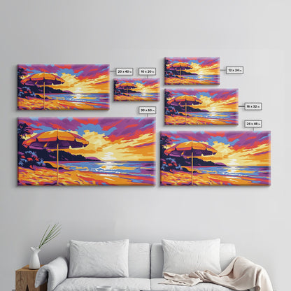 Beach Umbrella, Coastal Sunset Art, Vibrant Ocean Scene, Warm Tropical Decor, Beach Print, Canvas Print, Bedroom Wall Art, Lounge Art