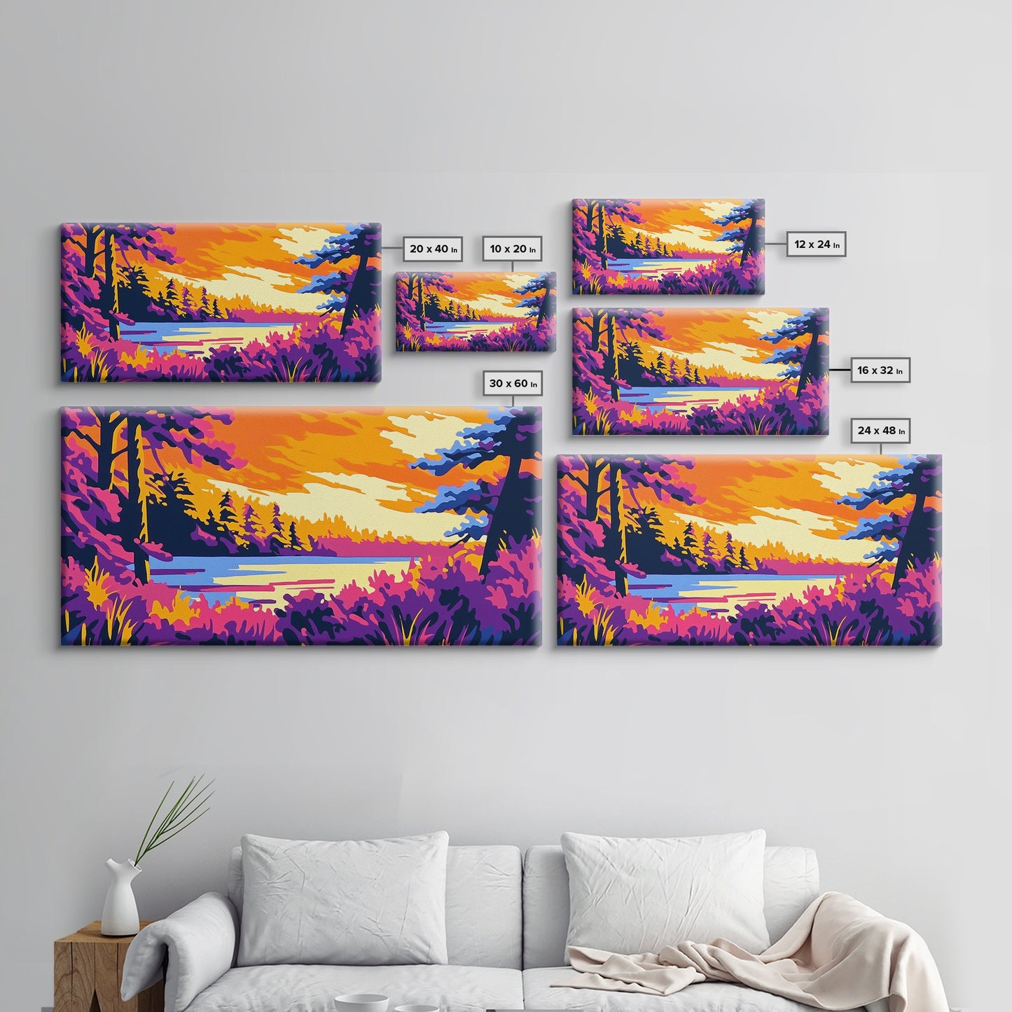 Forest Lake, Autumn Sunset, Vibrant Nature Scene, Rustic Cabin Wall Art, Cozy Home Aesthetic, Framed Canvas Print