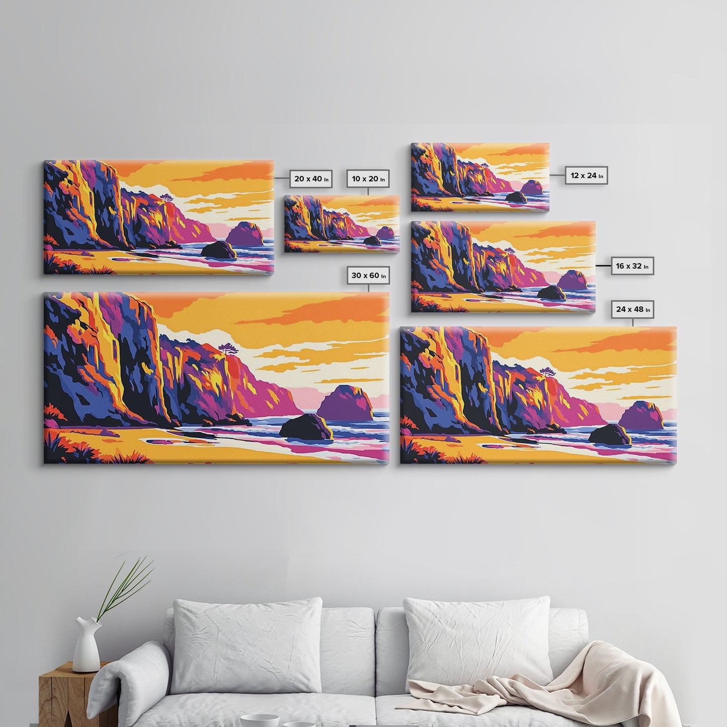 Meeresklippen, Küsten-Sonnenuntergangskunst, Lebendiges Meereslandschaftsgemälde, Strandwanddekoration, Gerahmter Leinwanddruck, Maritime Wohngestaltung, Bürokunst