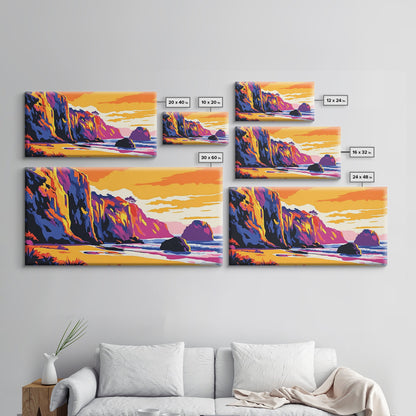 Meeresklippen, Küsten-Sonnenuntergangskunst, Lebendiges Meereslandschaftsgemälde, Strandwanddekoration, Gerahmter Leinwanddruck, Maritime Wohngestaltung, Bürokunst