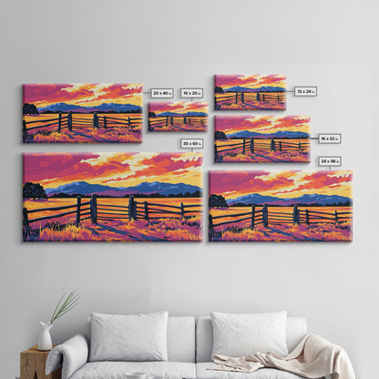 Rustic Fence, Prairie Landscape, Western Wall Art, Golden Fields, Warm Sunset, Country Aesthetic, Entryway, Canvas Print