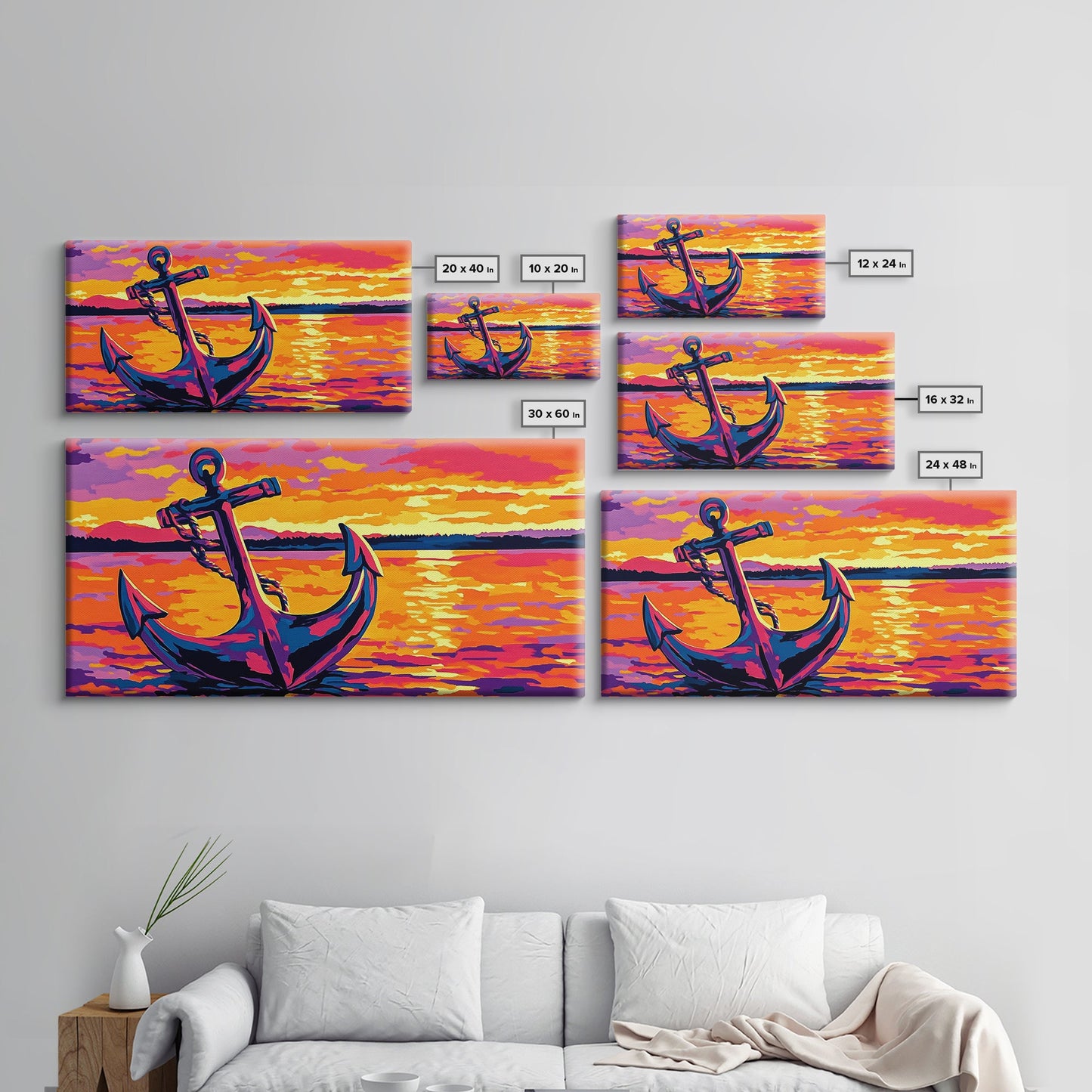 Anchor Sunset, Nautical Wall Art, Coastal Home Decor, Bold Ocean Print, Canvas Print, Beach House Art, Living Room Wall Art