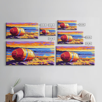 Beach Buoy, Coastal Sunset Painting, Vibrant Nautical Art, Ocean Shore Decor, Framed Canvas Print, Bathroom Wall Art, Beach House Style