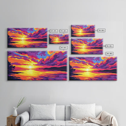 Dramatic Beach Sunset, Vibrant Sky Art, Colorful Coastal Print, Bold Nature Painting, Modern Home Wall Decor, Framed Canvas Print