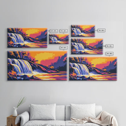 Waterfall, Forest, Autumn Sunset, Peaceful Scenery, Framed Canvas Print, Cabin Retreat, Rustic Home, Relaxing Nature, Vibrant Colors
