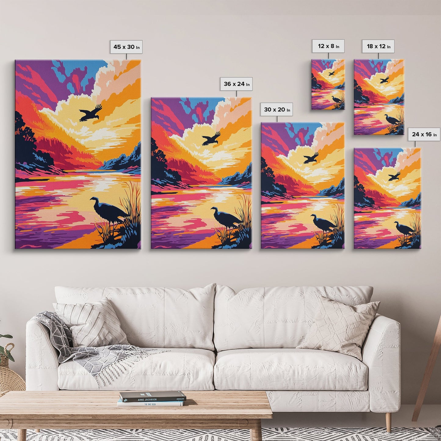 Sunset River, Birds, Framed Canvas Print, Vibrant Nature Art, Wildlife Wall Art, Autumn Landscape, Office Artwork, Colorful Sunset Scene