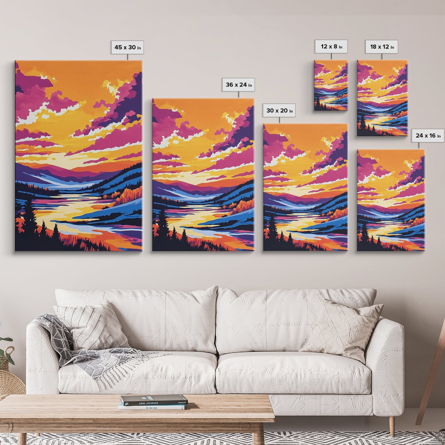 Sunset Valley, Reflection, Framed Canvas Print, Mountain River Art, Vibrant Landscape, Living Room Wall Art, Rustic Home Decor