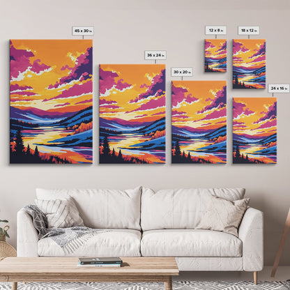 Sunset Valley, Reflection, Framed Canvas Print, Mountain River Art, Vibrant Landscape, Living Room Wall Art, Rustic Home Decor