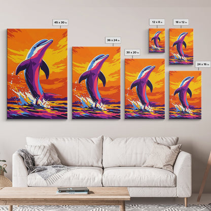 Dolphin Ocean, Sunset, Framed Canvas Print, Vibrant Sea Life Art, Beach House Decor, Coastal Living Art, Sunset Painting, Nautical Theme