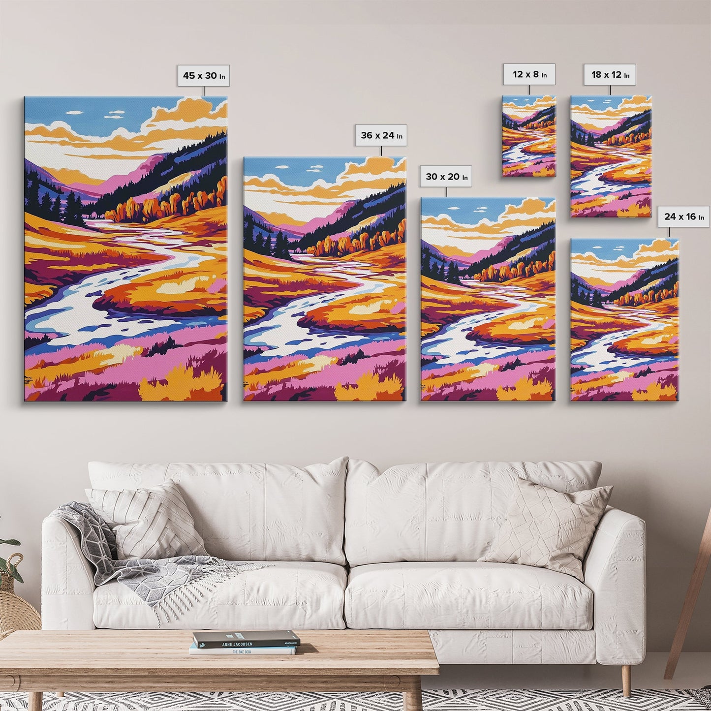 Autumn River, Valley, Canvas Print, Vibrant Fall Landscape, Cabin Wall Decor, Warm Color Palette, Nature Lover Gift, Cozy Home Wall Art