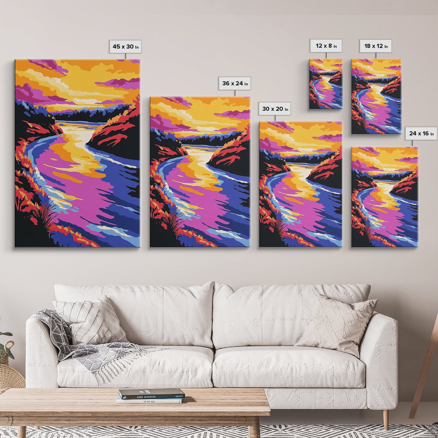 Sunset River Bend, Vibrant Landscape, Colorful Sky, Bold Nature, Framed Canvas Print, Living Room Art, Rustic Wall Decor, Boho Landscape