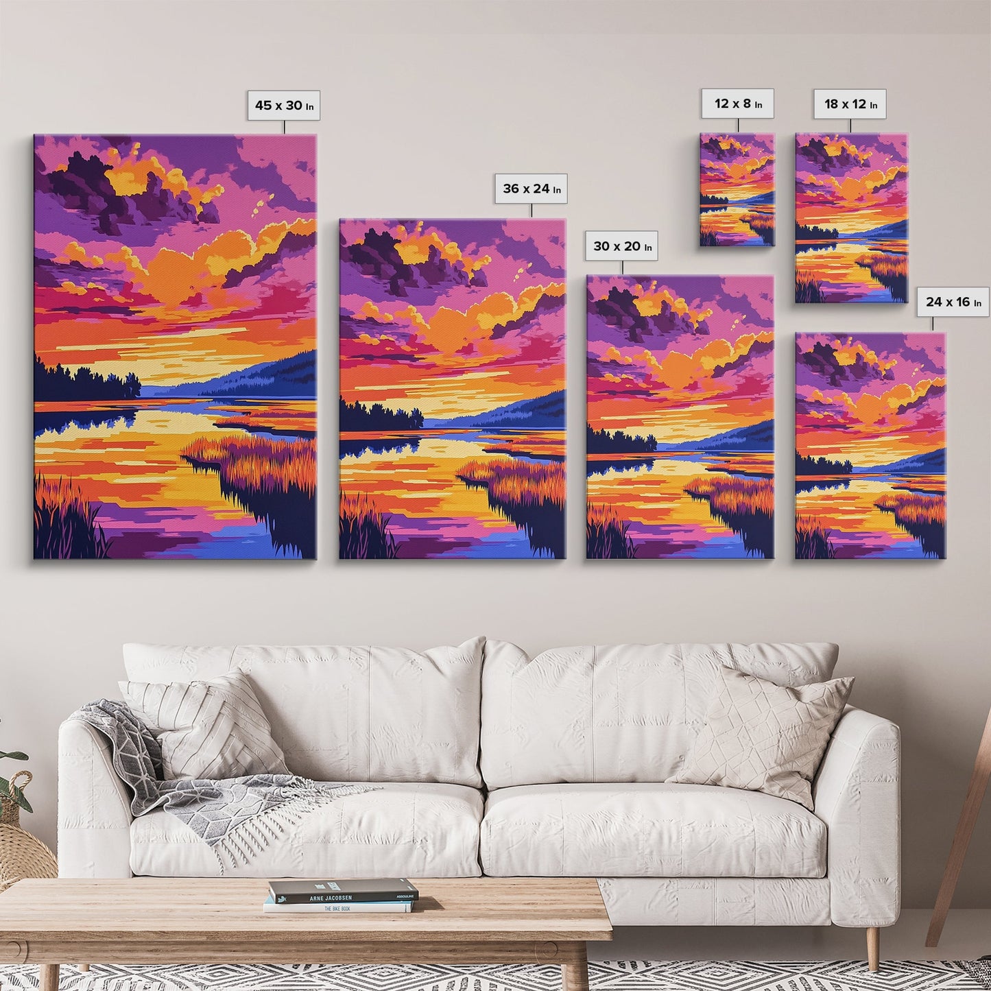 Sonnenuntergangsspiegelung, lebendige Naturkunst, Herbstlandschaft, malerische Wanddekoration, gerahmter Leinwanddruck, Wandbild fürs Wohnzimmer, Boho-Kunst