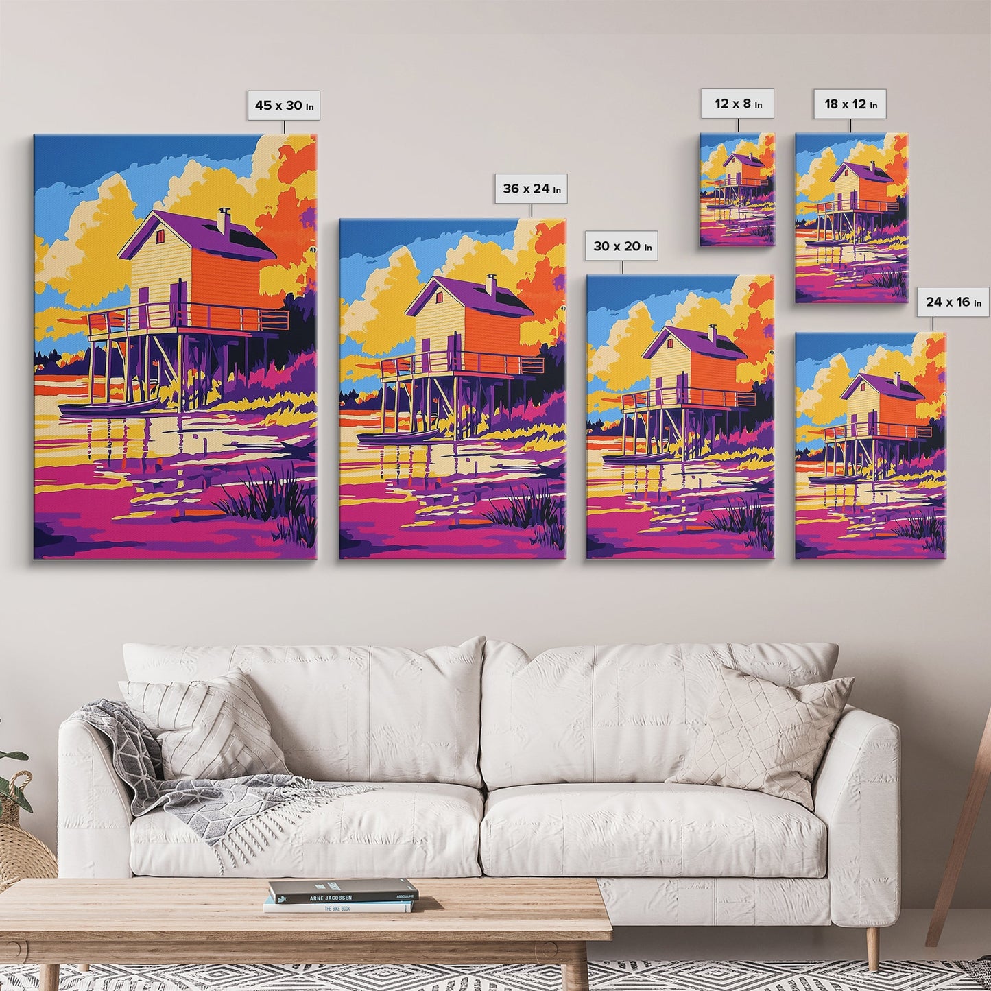 Sunset Cabin, Lake House, Scenic Art, Framed Canvas Print, Colorful Wall Art, Rustic Decor, Nature Painting, Living Room Wall Art