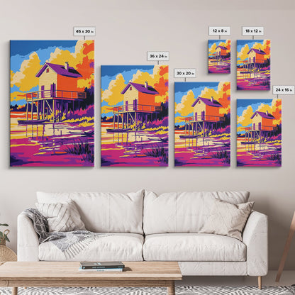 Sunset Cabin, Lake House, Scenic Art, Framed Canvas Print, Colorful Wall Art, Rustic Decor, Nature Painting, Living Room Wall Art