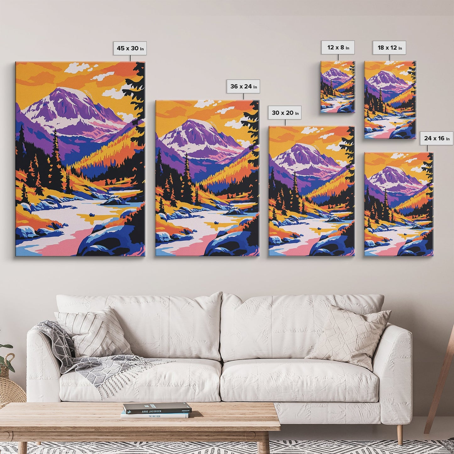 Snowy Peaks, Majestic Mountains, Wilderness Landscape, Cabin Aesthetic, Cozy Decor, Adventure Theme, Living Room, Canvas Print, Bold Colors