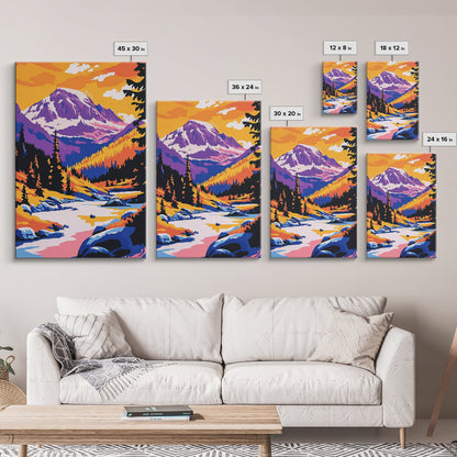 Snowy Peaks, Majestic Mountains, Wilderness Landscape, Cabin Aesthetic, Cozy Decor, Adventure Theme, Living Room, Canvas Print, Bold Colors