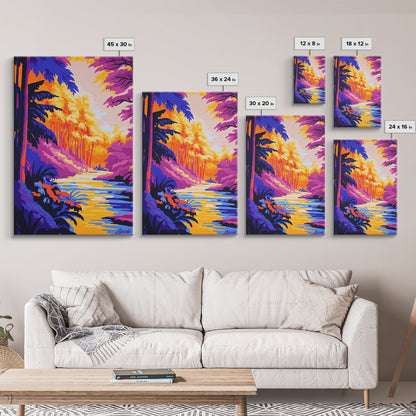 Enchanted River, Fantasy Landscape, Bright Colors, Nature Inspired, Canvas Print, Mystical Forest Art, Living Room Wall Art