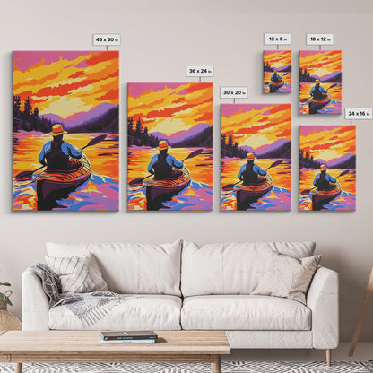 Kayaker Journey, Scenic River Painting, Vibrant Water Art, Framed Canvas Print, Adventure Wall Decor, Nature Lover Art, Sports Wall Art