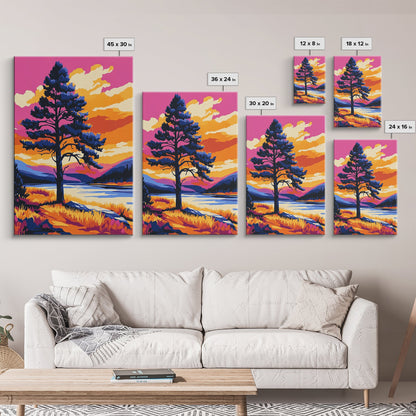 Lone Tree, Mountain Landscape, Vibrant Nature Art, Sunset Painting, Framed Canvas Print, Wilderness Decor, Autumn Wall Art, Office Decor