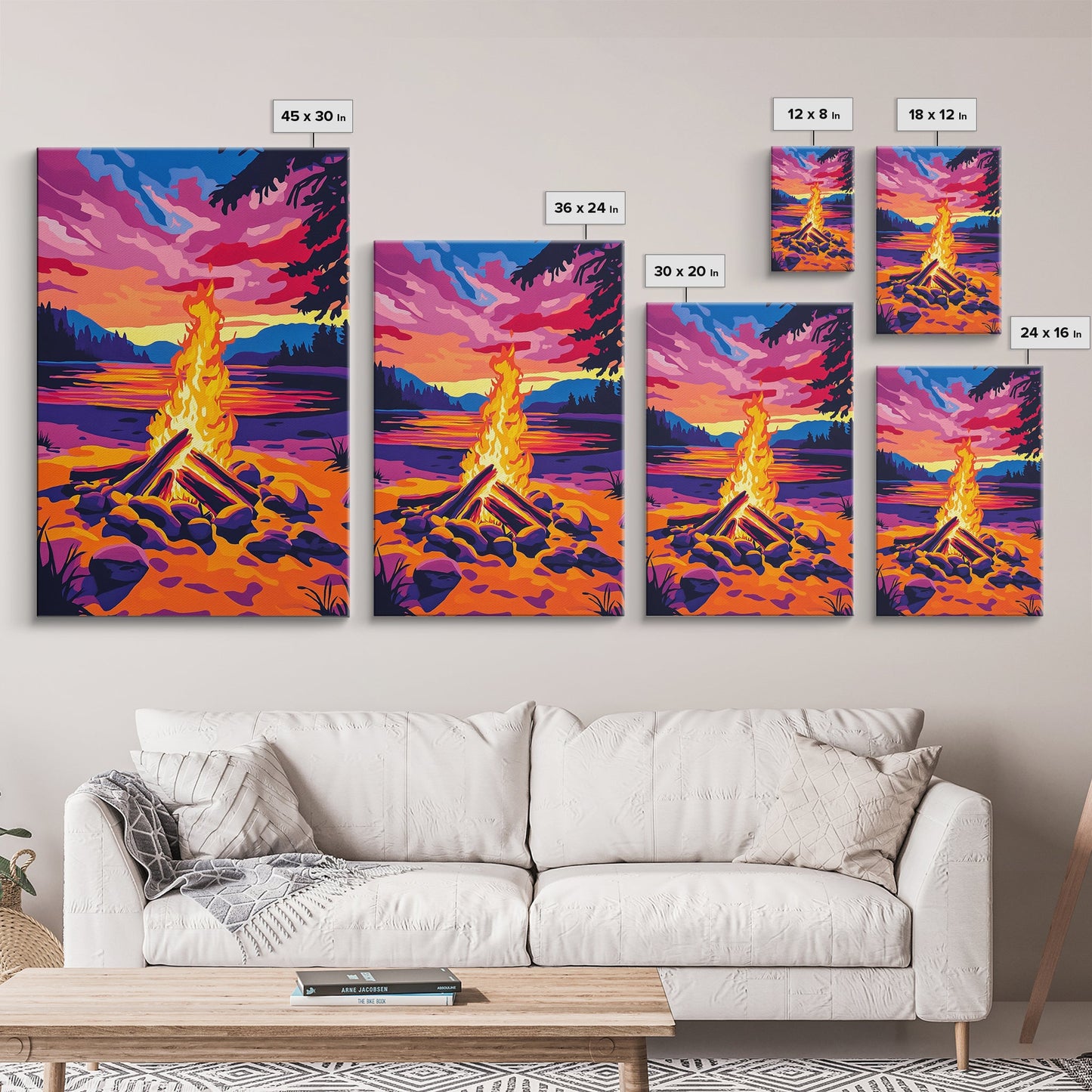 Campfire at Sunset, Framed Canvas Print, Cozy Outdoor Scene, Vibrant Warm Colors, Rustic Cabin Wall Art, Nature Art, Living Room Accent